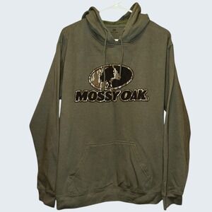 Mossy Oak Mens Pullover Hoodie Olive Green Camo Logo Sweatshirt Size XL